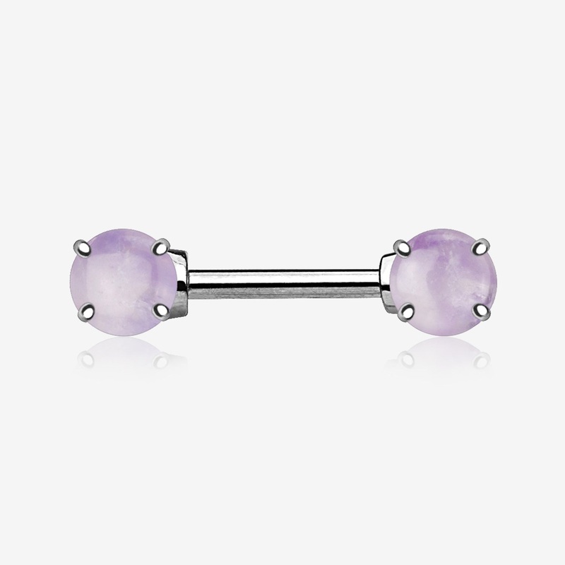 A Pair of Amethyst Stone Prong Nipple Barbell Ring 14 GA (1.6mm), 1/2″ (12mm), Stone: 7mm