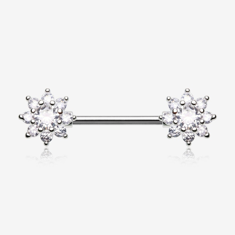 A Pair of Glistening Sparkle Flower Multi-Gem Nipple Barbell 14 GA (1.6mm), 1/2″ (12mm)