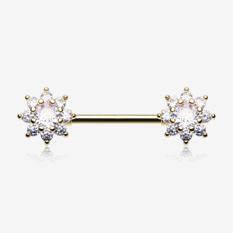 A Pair of Golden Glistening Sparkle Flower Multi-Gem Nipple Barbell 14 GA (1.6mm), 1/2″ (12mm)