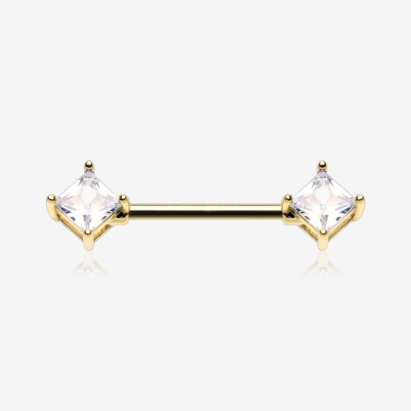 A Pair of Golden Princess Cut Square Sparkle Gem Nipple Barbell 14 GA (1.6mm), 1/2″ (12mm)