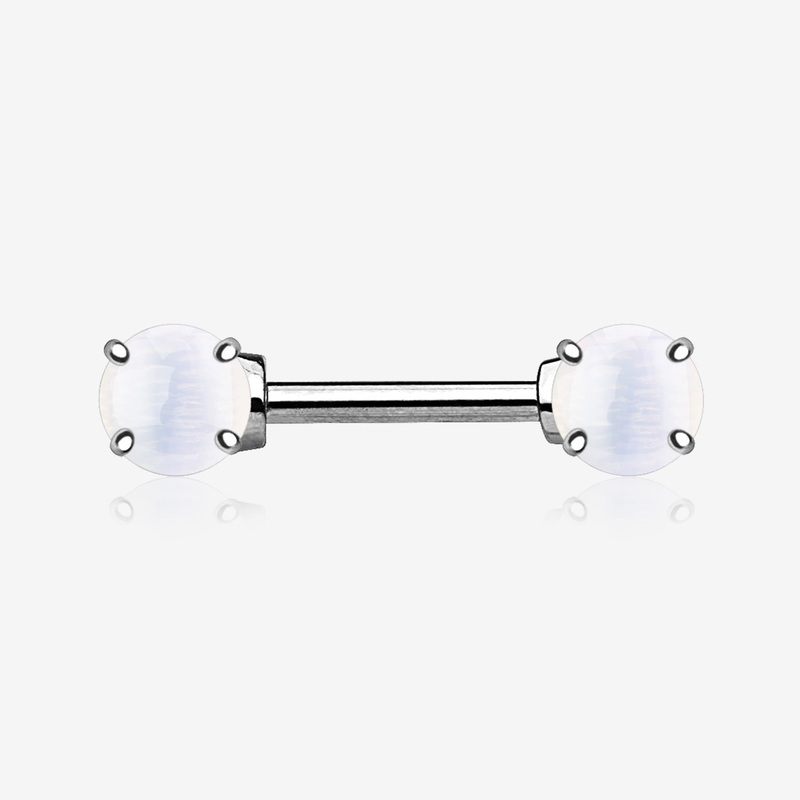 A Pair of Opalite Stone Prong Nipple Barbell Ring 14 GA (1.6mm), 1/2″ (12mm), Stone: 7mm