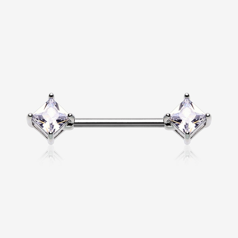 A Pair of Princess Cut Square Sparkle Gem Nipple Barbell 14 GA (1.6mm), 1/2″ (12mm)
