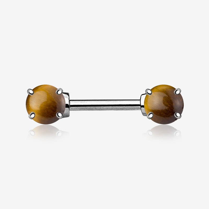 A Pair of Tiger Eye Stone Prong Nipple Barbell Ring 14 GA (1.6mm), 1/2″ (12mm), Stone: 7mm