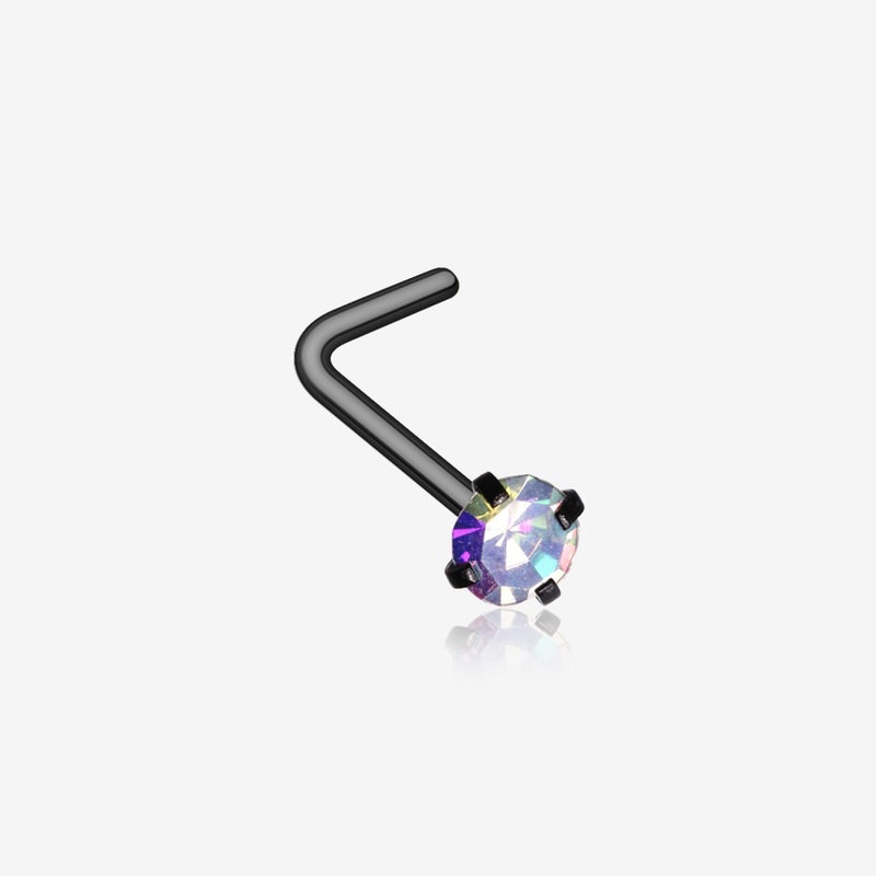 Blackline Iridescent Sparkle Gem Prong Set L-Shaped Nose Ring 20 GA (0.8mm), 9/32″ (7mm), Gem: 2mm