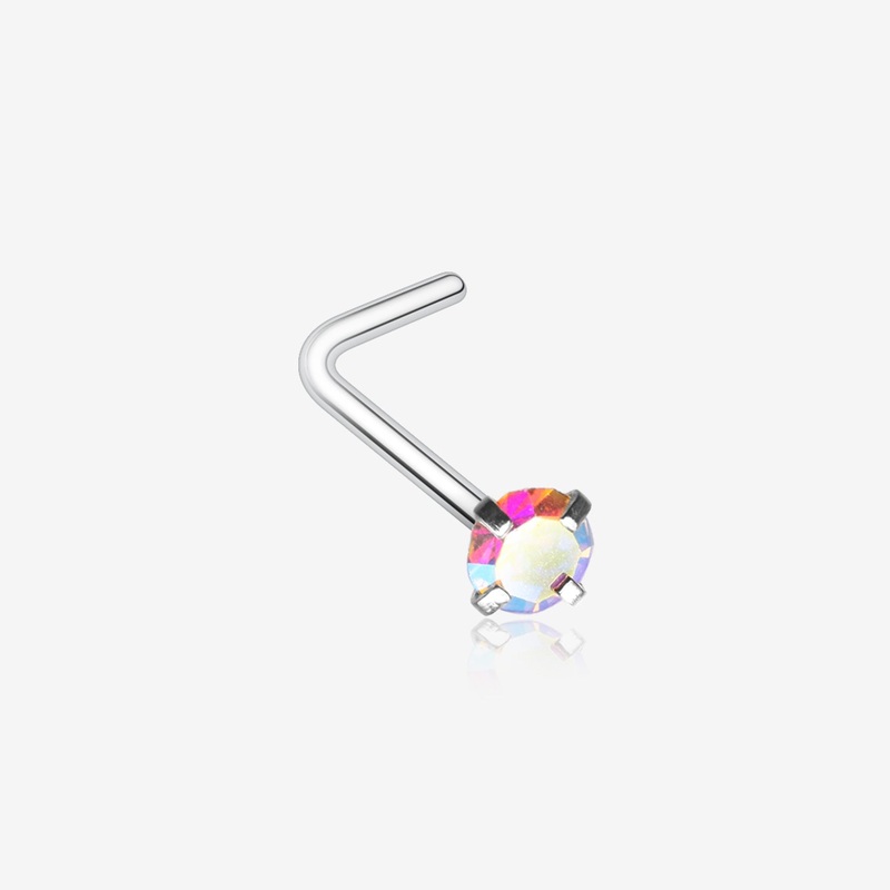 Iridescent Sparkle Gem Prong Set L-Shaped Nose Ring 20 GA (0.8mm), 9/32″ (7mm), Gem: 2mm