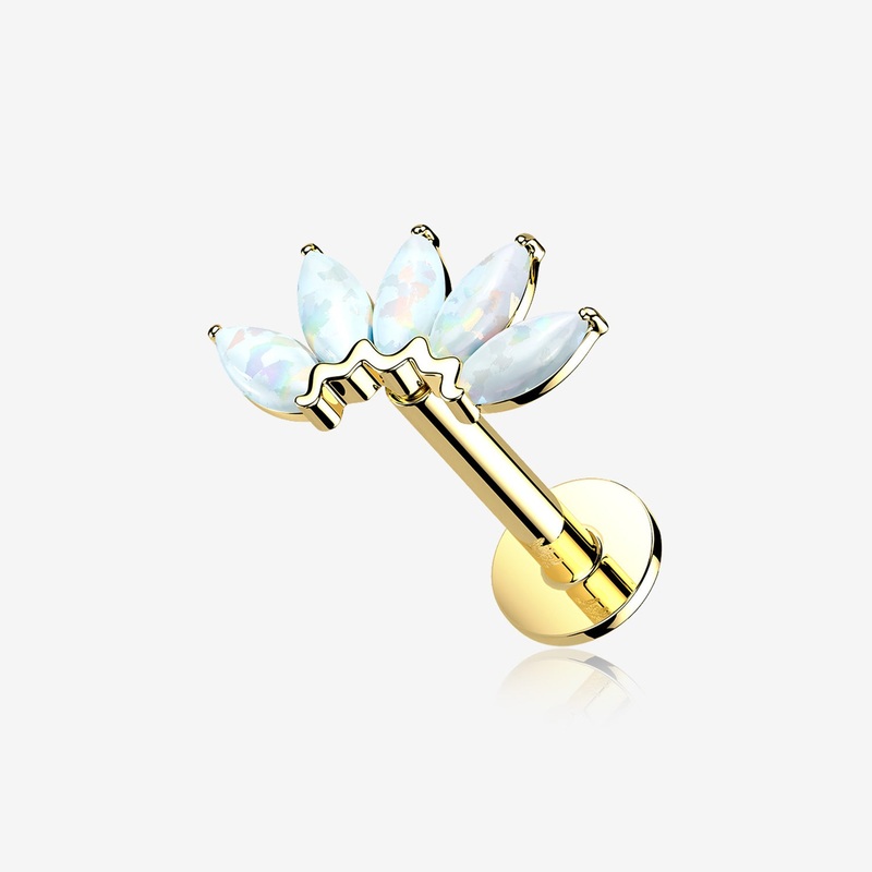 14 Karat Gold OneFit Threadless Brilliant Marquise Fire Opal Flower Flat Back Stud Labret 16 GA (1.2mm), 1/4″ (6mm)