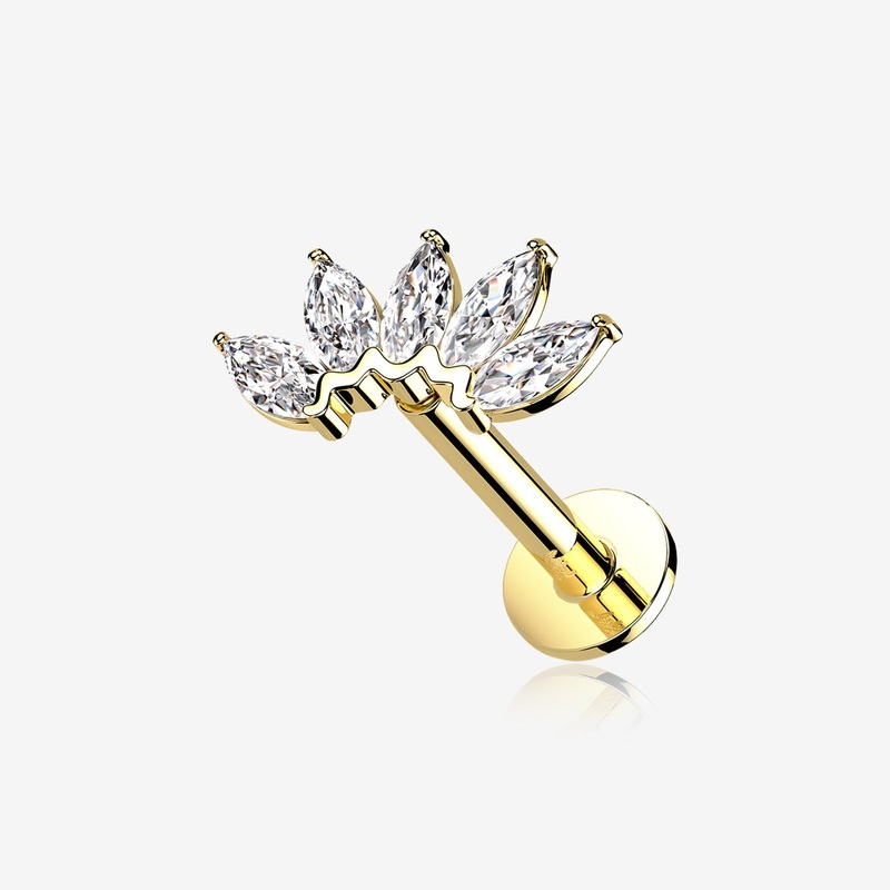14 Karat Gold OneFit Threadless Brilliant Marquise Sparkle Flower Flat Back Stud Labret 16 GA (1.2mm), 1/4″ (6mm)