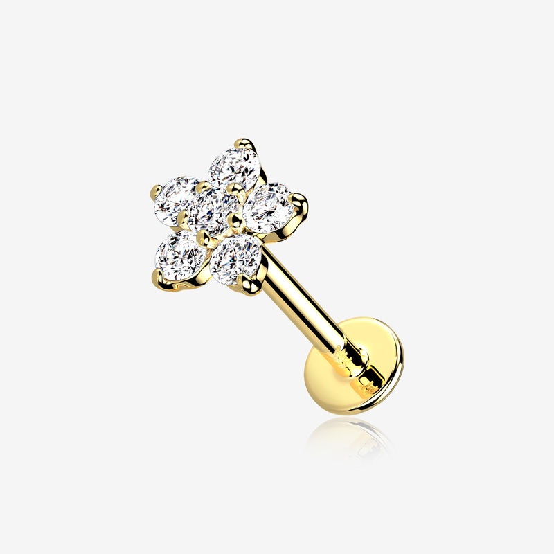 14 Karat Gold OneFit Threadless Brilliant Sparkle Flower Flat Back Stud Labret 18 GA (1mm), 5/16″ (8mm)