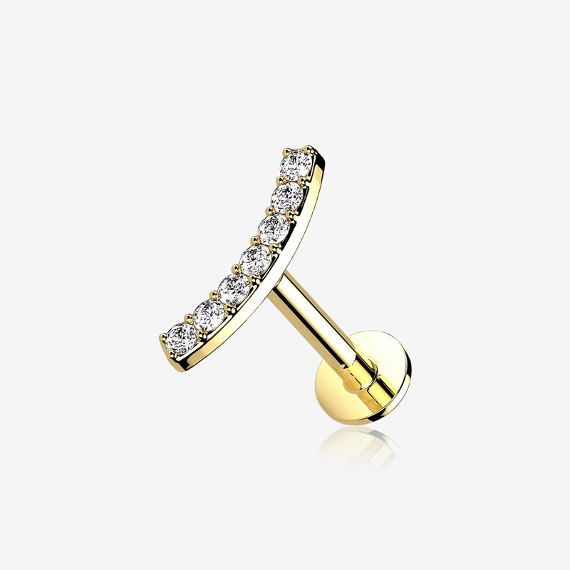 14 Karat Gold OneFit Threadless Brilliant Sparkle Gems Journey Curve Flat Back Stud Labret 18 GA (1mm), 1/4″ (6mm)