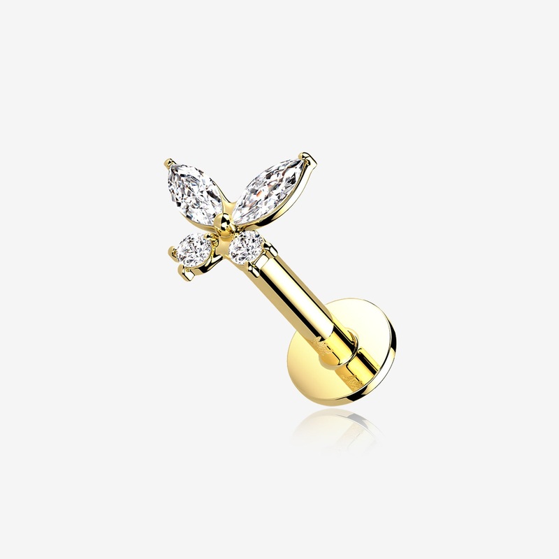 14 Karat Gold OneFit Threadless Dainty Butterfly Sparkle Flat Back Stud Labret 16 GA (1.2mm), 1/4″ (6mm)