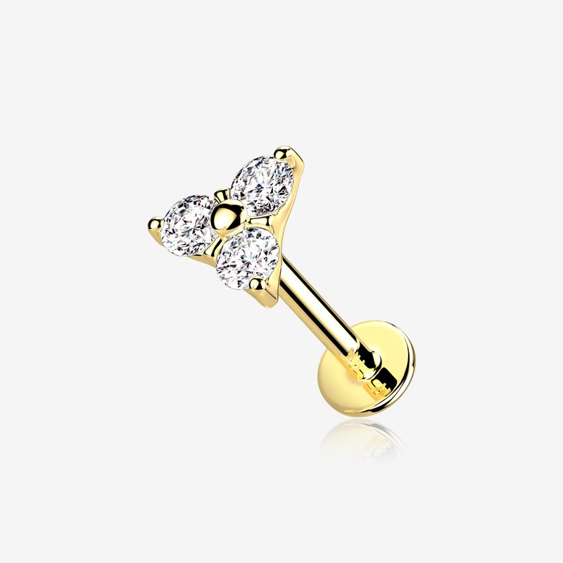 14 Karat Gold OneFit Threadless Trinity Sparkle Flat Back Stud Labret 18 GA (1mm), 5/16″ (8mm)