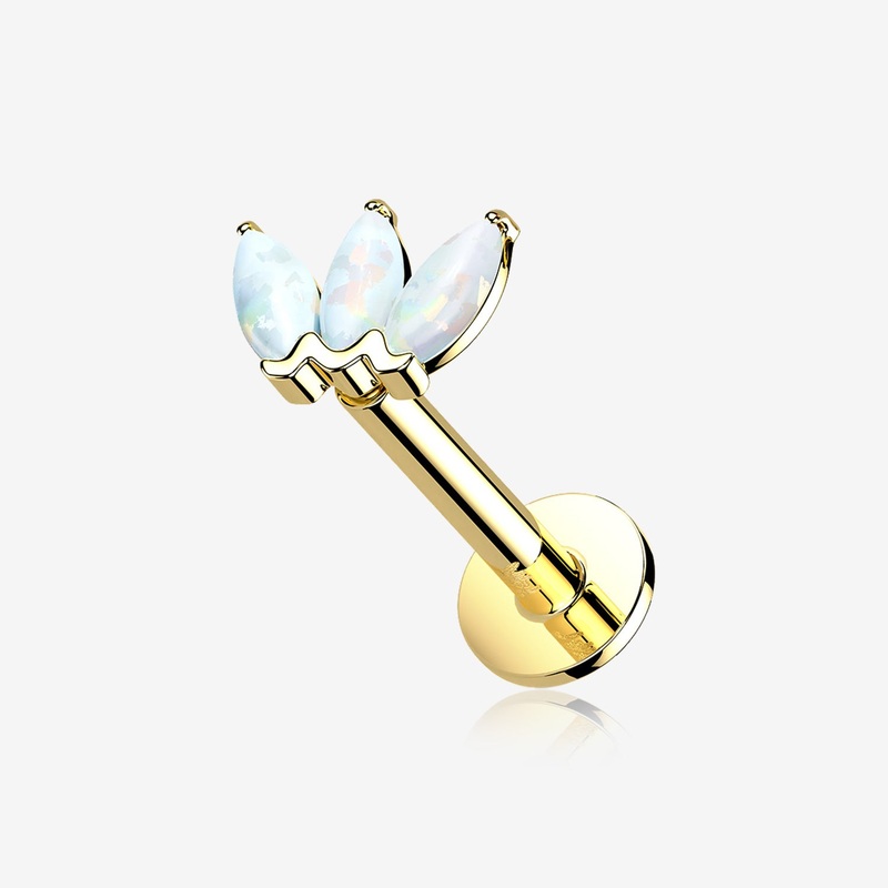 14 Karat Gold OneFit Threadless Triple Marquise Fire Opal Flower Flat Back Stud Labret 16 GA (1.2mm), 1/4″ (6mm)