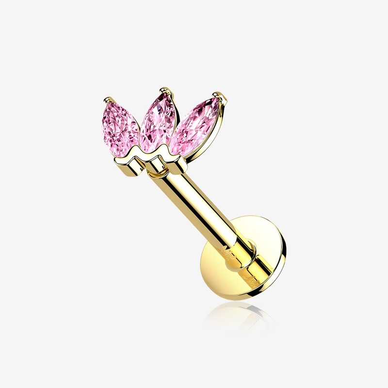 14 Karat Gold OneFit Threadless Triple Marquise Sparkle Flower Flat Back Stud Labret 16 GA (1.2mm), 1/4″ (6mm)