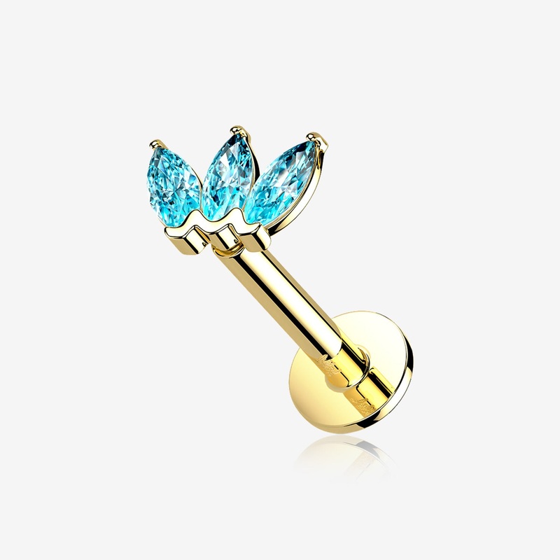 14 Karat Gold OneFit Threadless Triple Marquise Sparkle Flower Flat Back Stud Labret