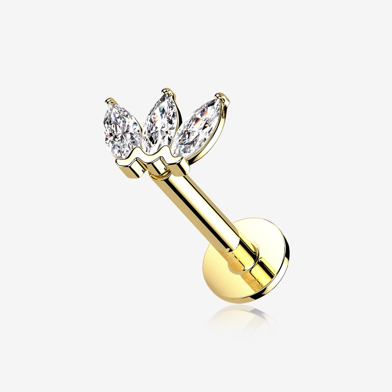 14 Karat Gold OneFit Threadless Triple Marquise Sparkle Flower Flat Back Stud Labret 18 GA (1mm), 1/4″ (6mm)