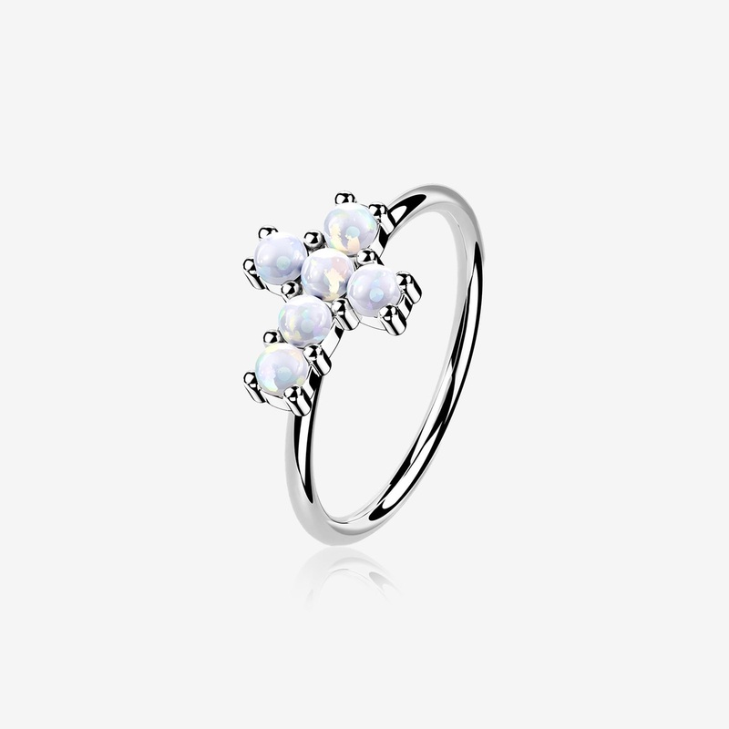 14 Karat White Gold Brilliant Fire Opal Cross Bendable Hoop Ring