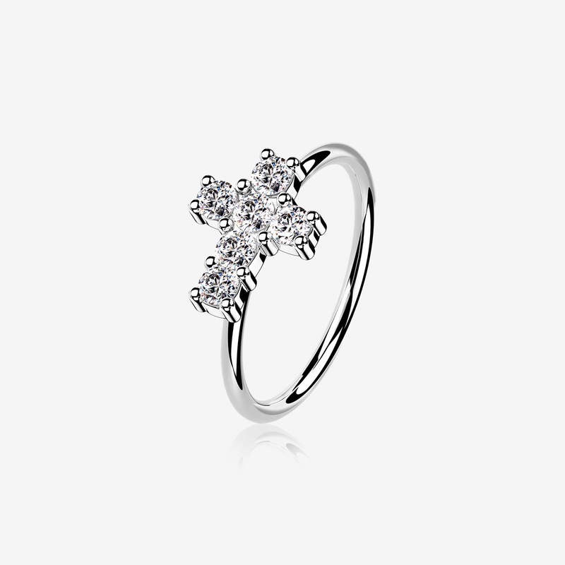14 Karat White Gold Brilliant Sparkle Cross Bendable Hoop Ring