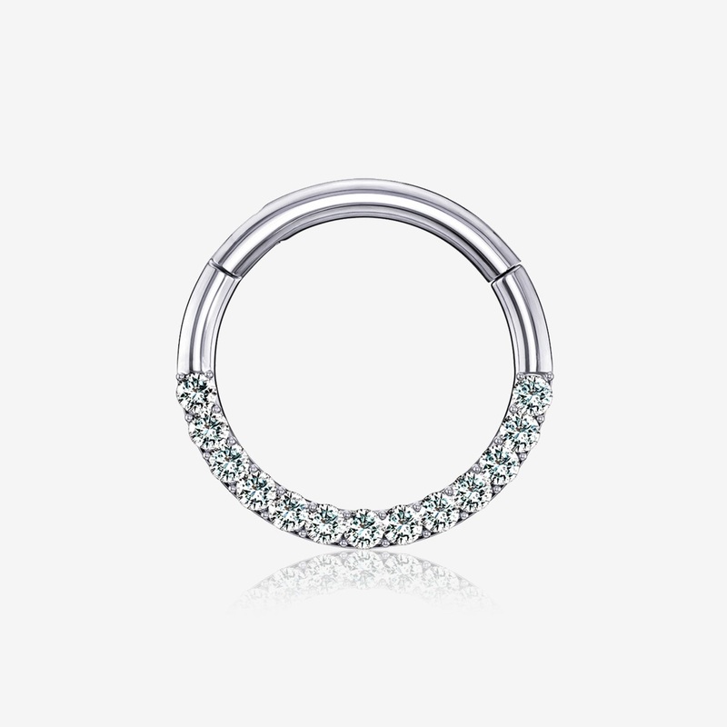 14 Karat White Gold Brilliant Sparkle Gems Front Lined Clicker Hoop Ring 16 GA (1.2mm), 1/4″ (6mm)