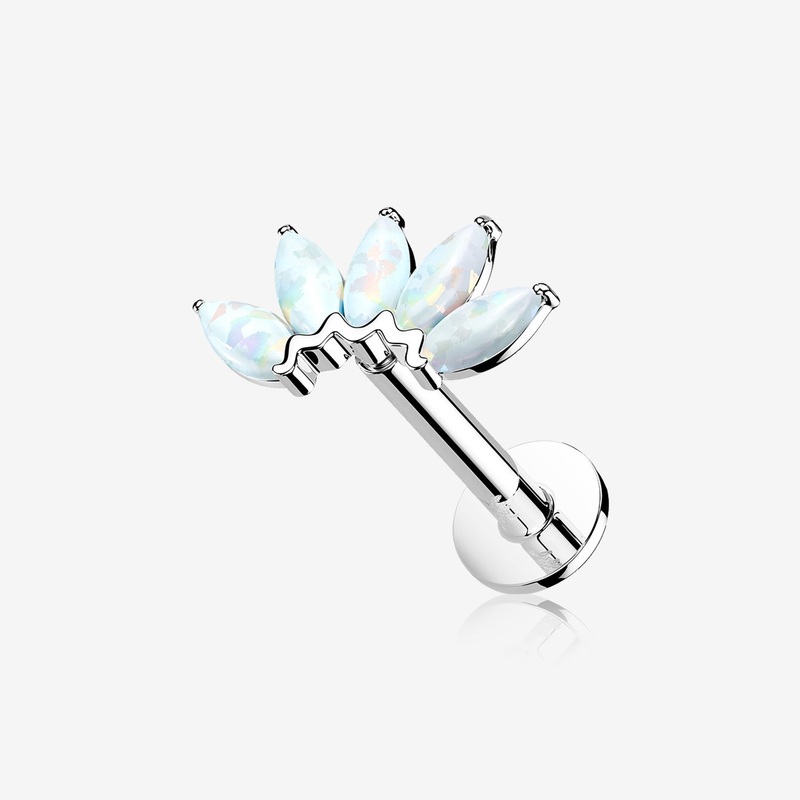 14 Karat White Gold OneFit Threadless Brilliant Marquise Fire Opal Flower Flat Back Stud Labret 16 GA (1.2mm), 1/4″ (6mm)