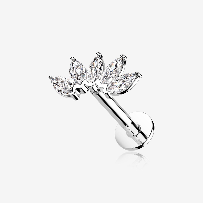 14 Karat White Gold OneFit Threadless Brilliant Marquise Sparkle Flower Flat Back Stud Labret 16 GA (1.2mm), 1/4″ (6mm)