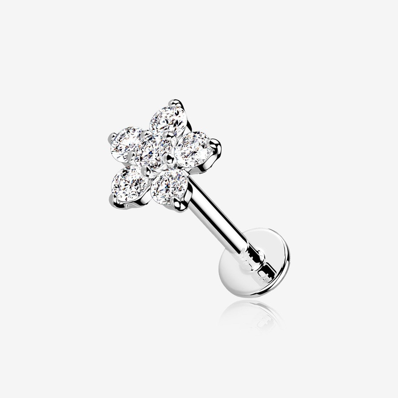 14 Karat White Gold OneFit Threadless Brilliant Sparkle Flower Flat Back Stud Labret 18 GA (1mm), 5/16″ (8mm)