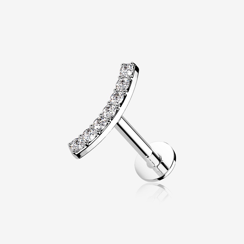 14 Karat White Gold OneFit Threadless Brilliant Sparkle Gems Journey Curve Flat Back Stud Labret 18 GA (1mm), 1/4″ (6mm)