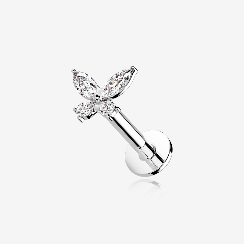 14 Karat White Gold OneFit Threadless Dainty Butterfly Sparkle Flat Back Stud Labret 16 GA (1.2mm), 1/4″ (6mm)