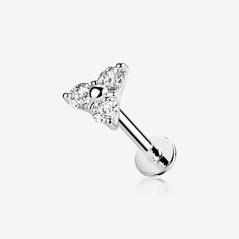 14 Karat White Gold OneFit Threadless Trinity Sparkle Flat Back Stud Labret 18 GA (1mm), 5/16″ (8mm)