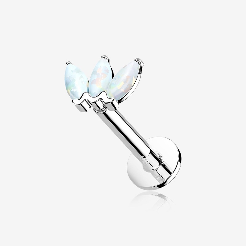14 Karat White Gold OneFit Threadless Triple Marquise Fire Opal Flower Flat Back Stud Labret 16 GA (1.2mm), 1/4″ (6mm)