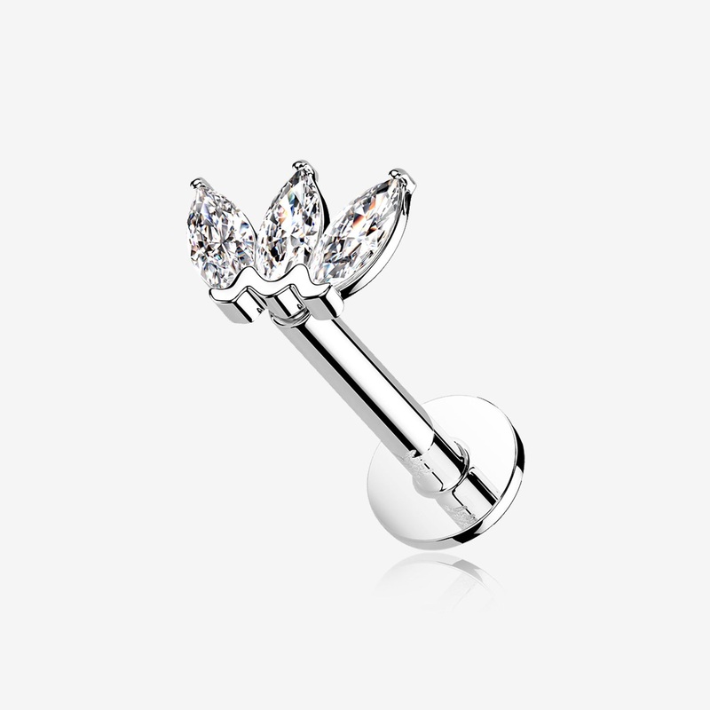 14 Karat White Gold OneFit Threadless Triple Marquise Sparkle Flower Flat Back Stud Labret 18 GA (1mm), 1/4″ (6mm)
