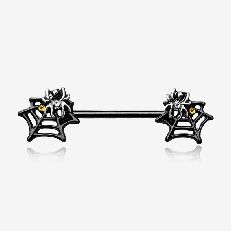 A Pair of Blackline Venom Spider Web Sparkle Steel Nipple Barbell 14 GA (1.6mm), 1/2″ (12mm)