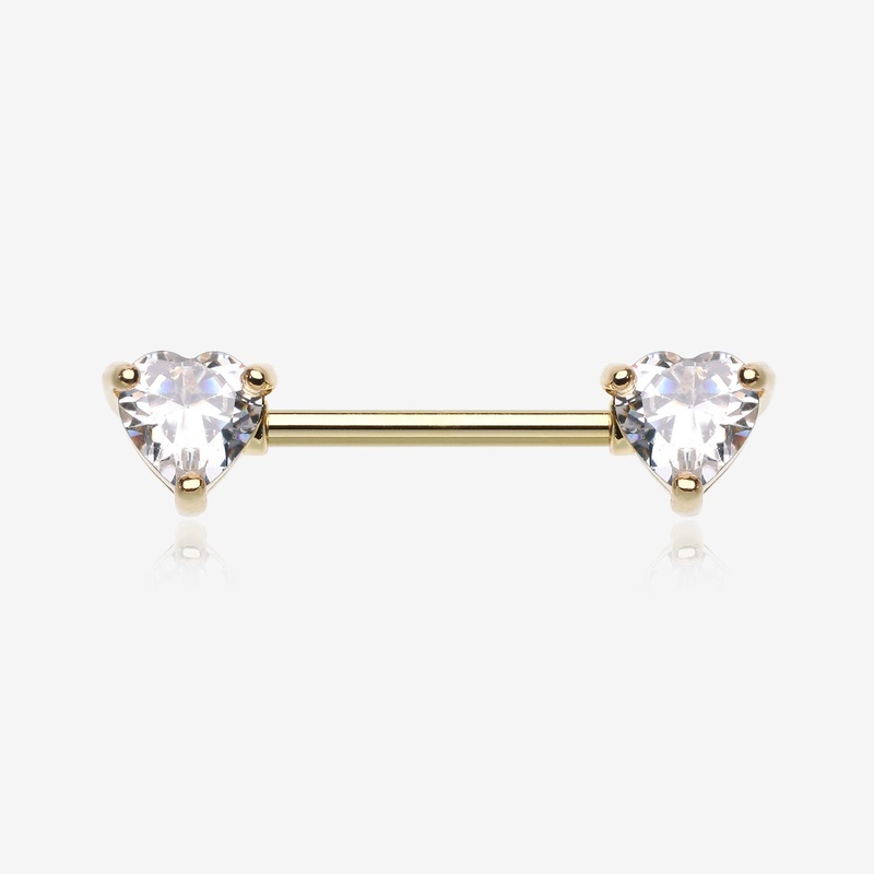 A Pair of Golden Heart Sparkle Prong Nipple Barbell 14 GA (1.6mm), 1/2″ (12mm)