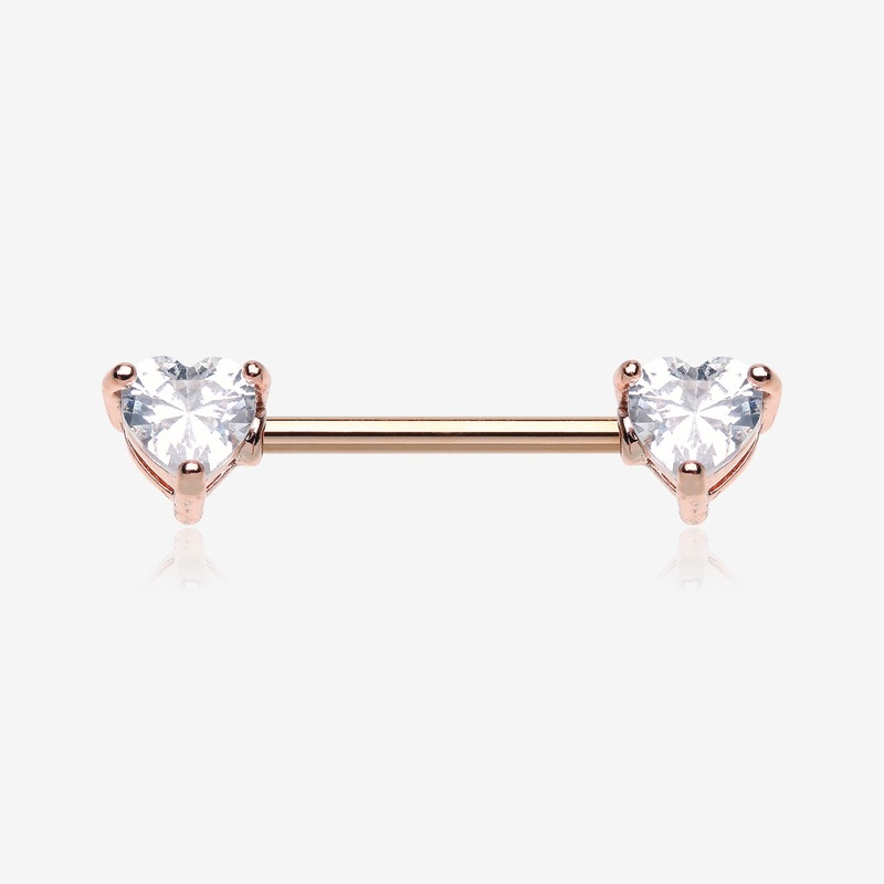 A Pair of Rose Gold Brilliant Heart Sparkle Prong Set Nipple Barbell 14 GA (1.6mm), 1/2″ (12mm)