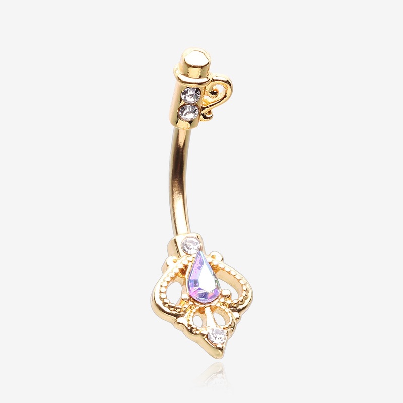 Golden Antique Victorian Sparkle Heart Key Belly Button Ring