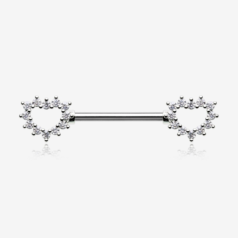 A Pair of Brilliant Sparkle Hollow Heart Nipple Barbell 14 GA (1.6mm), 1/2″ (12mm)
