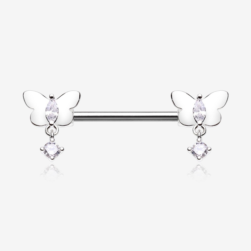 A Pair of Butterfly Sparkle Dangle Sparkle Nipple Barbell 14 GA (1.6mm), 1/2″ (12mm)