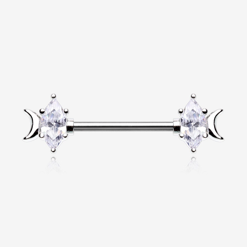 A Pair of Crescent Moon Phase Marquise Sparkle Nipple Barbell 14 GA (1.6mm), 1/2″ (12mm)