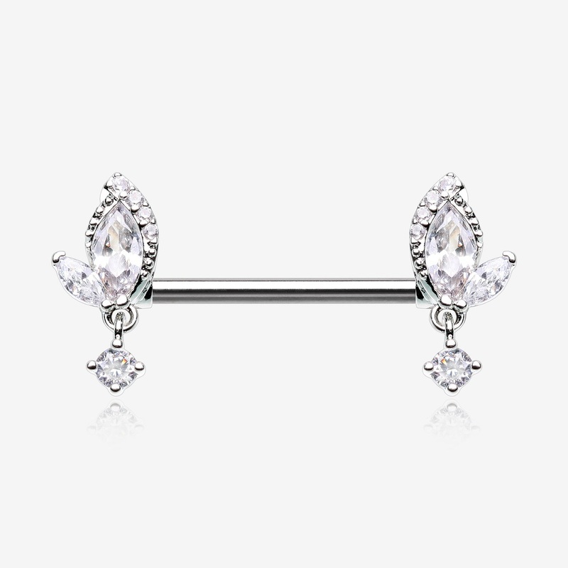 A Pair of Elegant Marquise Leaflet Dangle Sparkle Nipple Barbell 14 GA (1.6mm), 1/2″ (12mm)