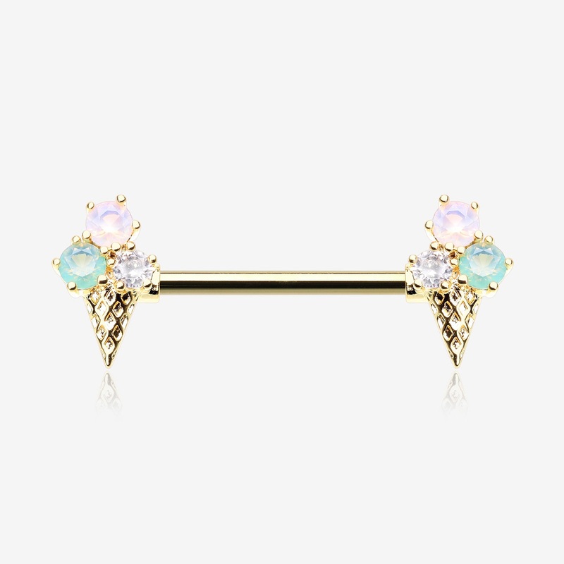 A Pair of Golden Adorable Mixed Flavor Ice Cream Cone Nipple Barbell 14 GA (1.6mm), 1/2″ (12mm)