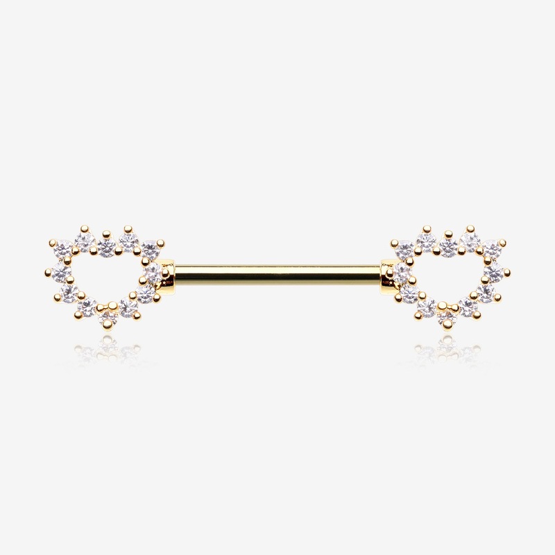 A Pair of Golden Brilliant Sparkle Hollow Heart Nipple Barbell 14 GA (1.6mm), 1/2″ (12mm)