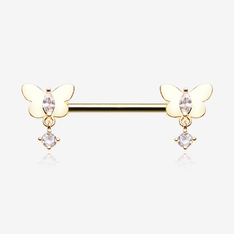 A Pair of Golden Butterfly Sparkle Dangle Sparkle Nipple Barbell 14 GA (1.6mm), 1/2″ (12mm)