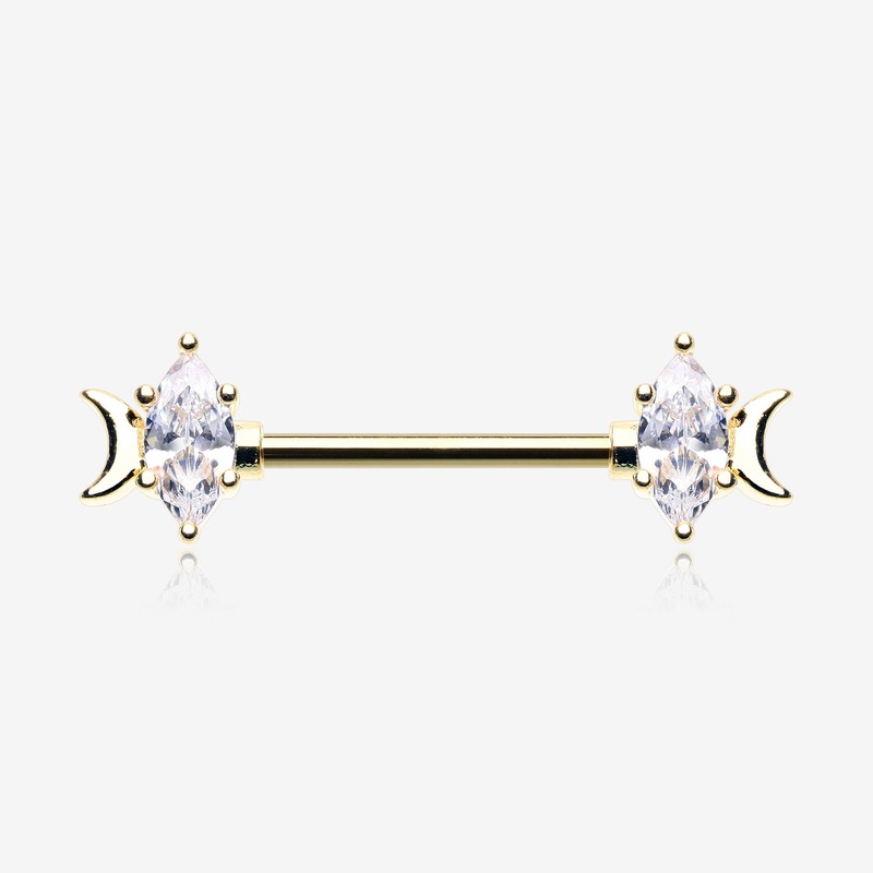 A Pair of Golden Crescent Moon Phase Marquise Sparkle Nipple Barbell 14 GA (1.6mm), 1/2″ (12mm)
