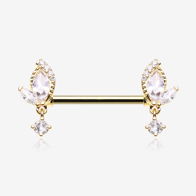 A Pair of Golden Elegant Marquise Leaflet Dangle Sparkle Nipple Barbell 14 GA (1.6mm), 1/2″ (12mm)