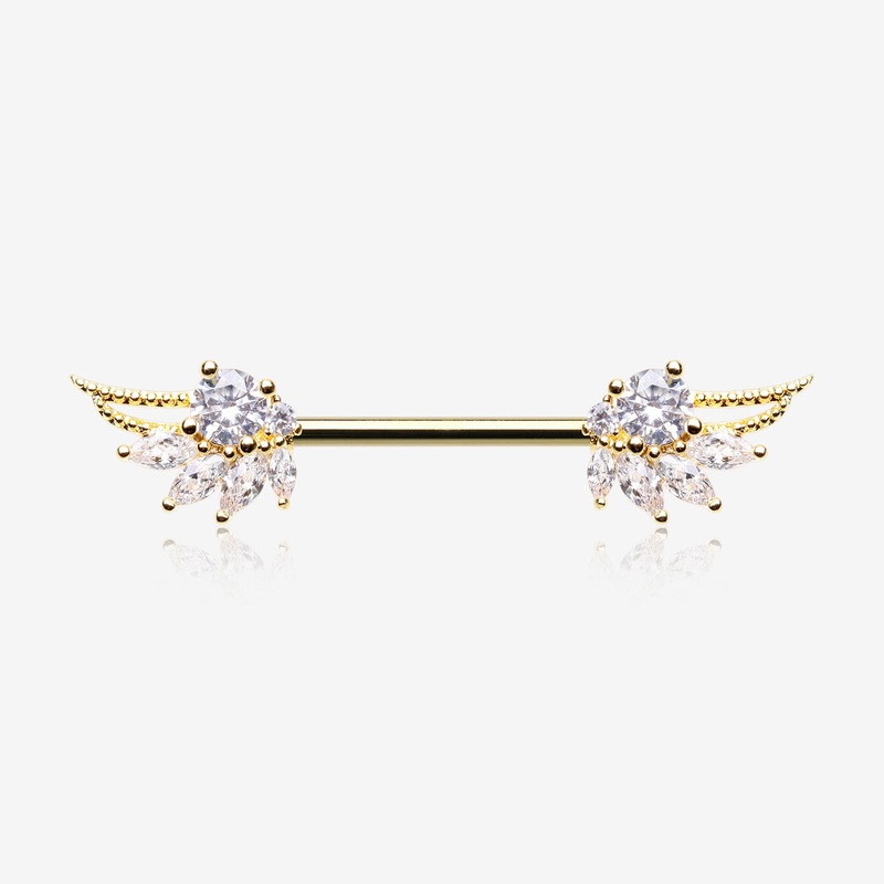 A Pair of Golden Guardian Angelic Wing Sparkle Nipple Barbell 14 GA (1.6mm), 1/2″ (12mm)