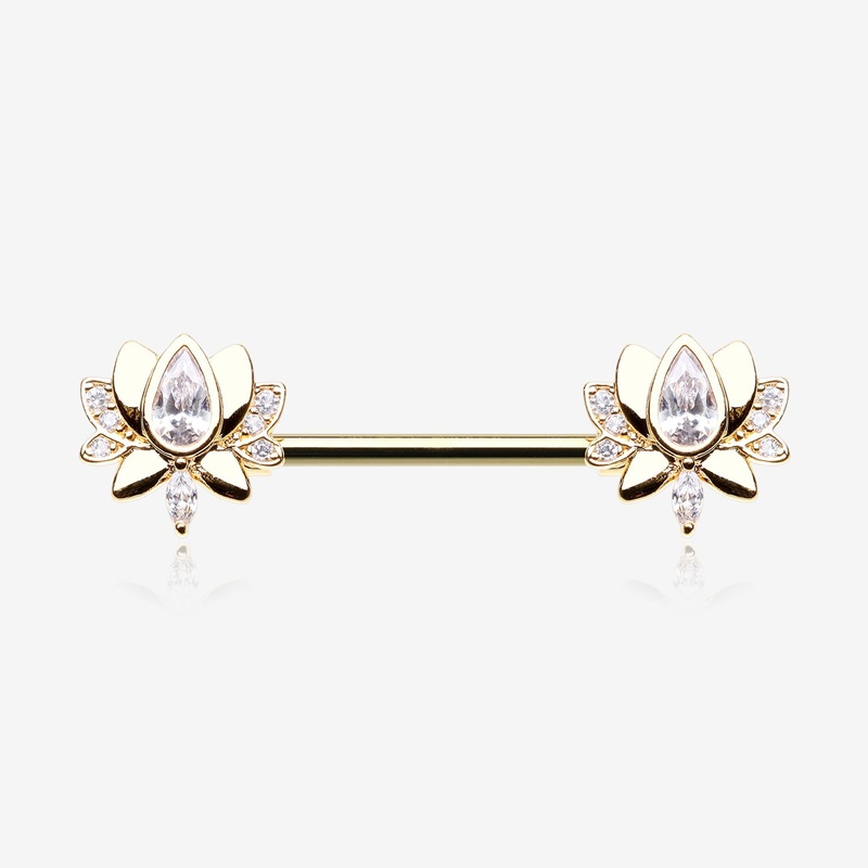 A Pair of Golden Luscious Lotus Sparkle Nipple Barbell 14 GA (1.6mm), 1/2″ (12mm)