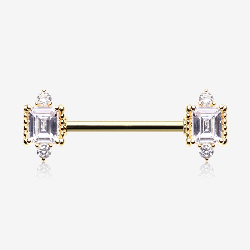 A Pair of Golden Sparkle Renaissance Princess Cut Nipple Barbell 14 GA (1.6mm), 1/2″ (12mm)