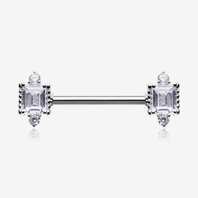 A Pair of Sparkle Renaissance Princess Cut Nipple Barbell 14 GA (1.6mm), 1/2″ (12mm)