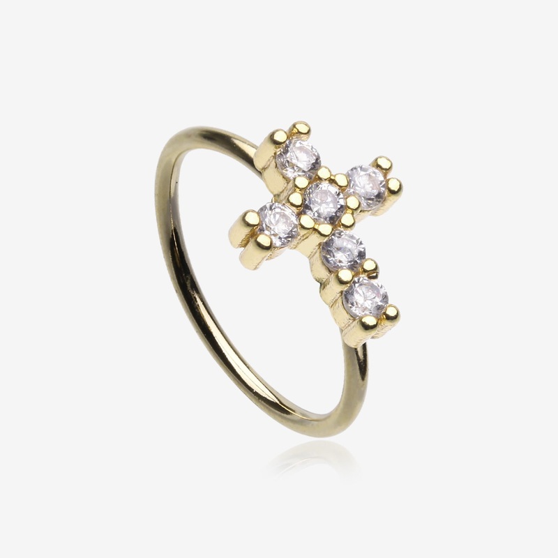 Golden Brilliant Sparkle Cross Multi-Gem Bendable Hoop Ring 20 GA (0.8mm), 5/16″ (8mm)
