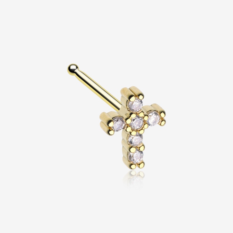 Golden Brilliant Sparkle Cross Multi-Gem Nose Stud Ring