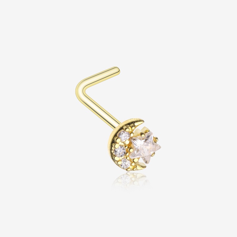 Golden Sparkle Crescent Moon and Star L-Shaped Nose Ring